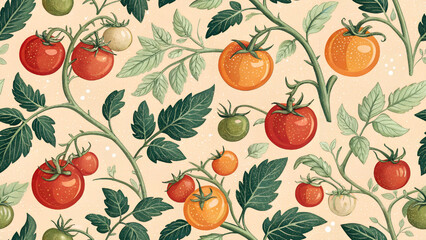 Vector illustration of seamless pattern. Red, orange, green tomatoes with fresh green leaves. Pastel orange background.