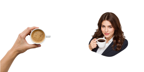Smiling Woman and Hand Holding Coffee Cup. Indoors, Coffee Break, Daily Routine, Warmth, Lifestyle Content, Beverage Advertising