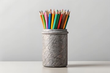 Obraz premium Colored pencils in a stone jar isolated on white background