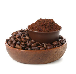 Bowls with coffee powder and beans isolated on white background