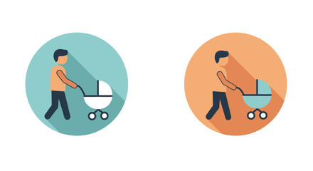 Two icons of a person pushing a stroller in circles with different color schemes simple design