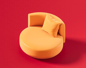 A contemporary orange round swivel chair with a curved backrest and a matching square cushion, presented on a bold red background. Single color, flat furniture, 3d render