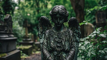 Weathered angel statue, head bowed, wings outstretched, situated amongst verdant foliage and aged gravestones in a dimly lit cemetery setting