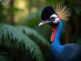Fototapeta premium Striking Cassowary Portrait with Vivid Neck Coloration and Casque Detail in Rainforest Light
