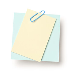 Yellow and blue sticky notes with paper clip on white background