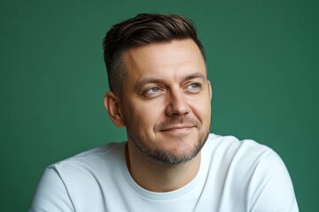 Fototapeta premium Layout of style for aging men. A fashionable midlife male standing confidently. Green solid background. Modish men's mid fade haircut - midlife white man with hair.