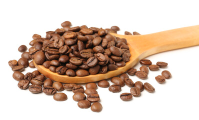 Wooden spoon with coffee beans on white background