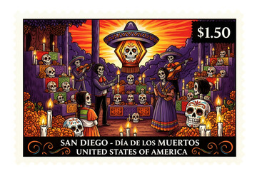 Obraz premium Transparent PNG stamp featuring a vibrant Día de los Muertos celebration in San Diego, with sugar skulls, marigolds, candles, and skeletons. A colorful mix of Mexican tradition and Halloween spirit. 
