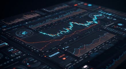 Obraz premium Futuristic financial analytics dashboard with candlestick and line charts. (AI Generated)