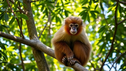"Majestic Brown Langur Perched on a Tree Branch in Senegal"