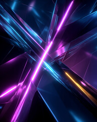 Abstract metallic structure with glowing neon lights creating vibrant purple and blue reflections