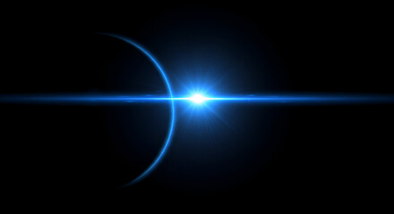 Captivating blue light flare with spherical arc on a dark background creates a dramatic visual effect
