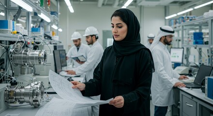 Emirati Female Engineer Reviews Plans in Modern Lab