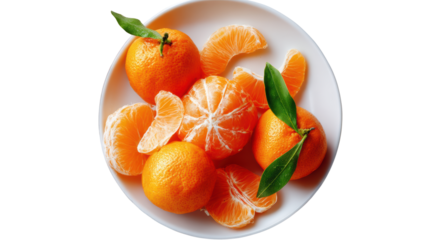 Fresh oranges and slices on a plate with green leaves, vibrant citrus colors.