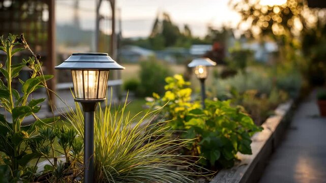 A tranquil garden scene featuring solar lights illuminating lush greenery at sunset, creating a serene outdoor atmosphere.
