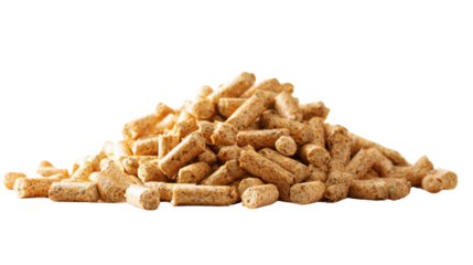 Organic wood pellets, eco-friendly fuel, piled on white isolated background.