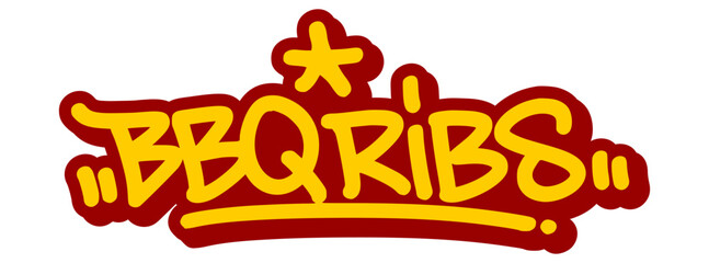 Vector graffiti tag illustration of the words "bbq ribs" in bold yellow with red line details. Hand-drawn street art style with food theme on transparent background. Grungy, expressive, and urban.
