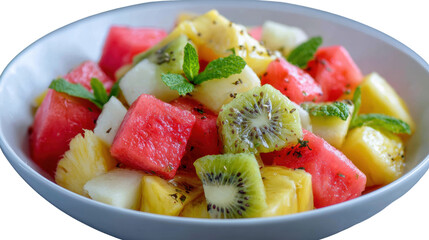 Vibrant fruit salad in a bowl, featuring assorted diced fruits and fresh mint leaves.