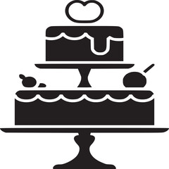 Isolated black silhouette of a two tiered cake with decorations on a stand in a vector graphic
