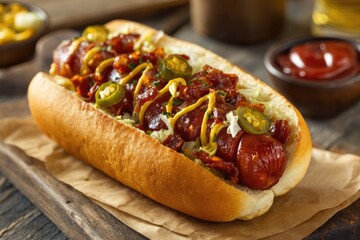 Hot dog snack: toasted bun, smoky sausage, relish taste, onion sprinkle, meaty bite, quick dish, ketchup drizzle, mustard line, handheld treat, salty craving, outdoor meal, warm lunch