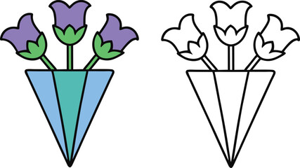 Vector illustration of purple flowers in a blue and green vase with black outlines on white