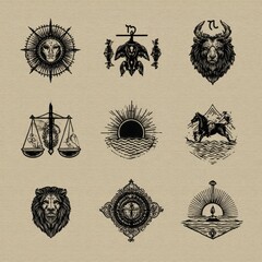 Twelve Zodiac Illustrations On A Beige Background