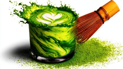 Vibrant Green Matcha Drink with Heart Foam and Bamboo Whisk