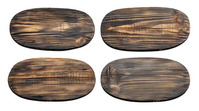 Four Rustic Oval Wooden Signs Isolated On A Transparent Background The Signs Are Made Of Dark Brown Wood With Visible Grain And Texture They Are Perfect For Adding A Touch Of Rustic Charm To Any Proje
