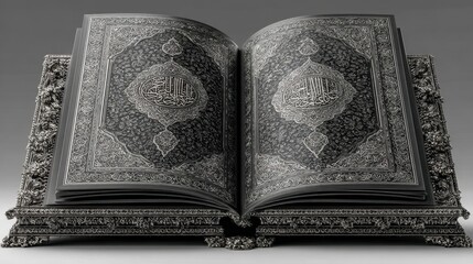 Vintage Open Book With Ornate Stand On Gray Background