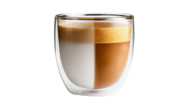 A clear glass containing a beautifully layered coffee drink with cream, perfect for coffee enthusiasts.