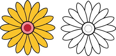 Two daisy flowers one colored yellow and one black outline on white background vector