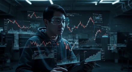 Augmented reality (AR) workstation for financial or stock market analysis. (AI Generated)