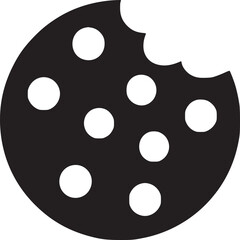 Black and white graphic of a cookie with a bite taken out and several white spots on the cookie