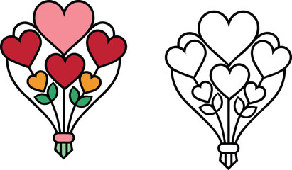 Vector illustration of a bouquet of hearts in color and outline versions on white background
