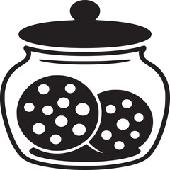 A black and white illustration of a cookie jar filled with chocolate chip cookies and a lid on top
