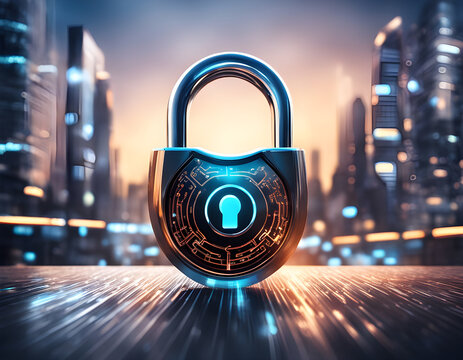 Cyber Security Padlock in Futuristic City