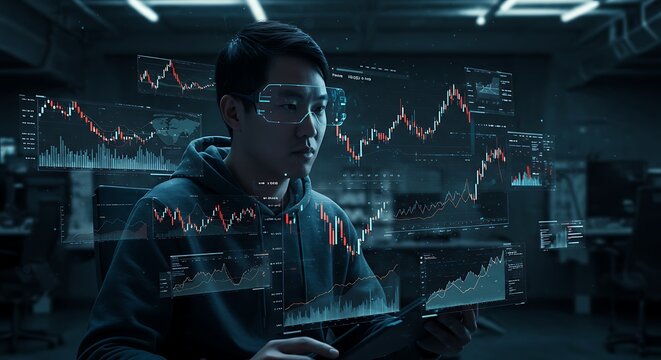 Augmented reality (AR) workstation for financial or stock market analysis. (AI Generated)