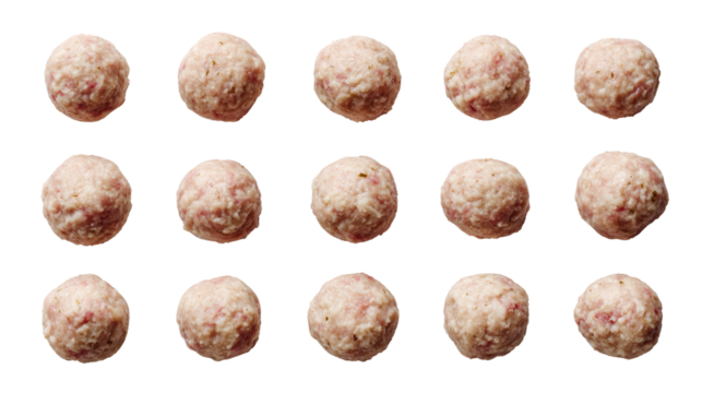 Assorted raw meatballs arranged in a grid pattern on a white background.