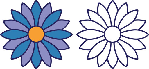 Two stylized daisy flowers one colored and one outlined on a white background vector illustration