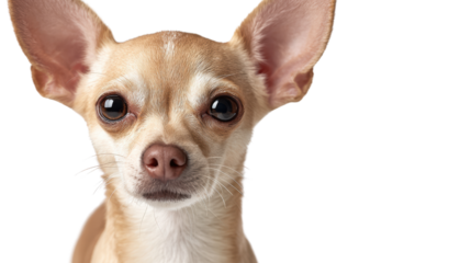 Charming Chihuahua looking directly at the camera with curious expression on a white isolated background.