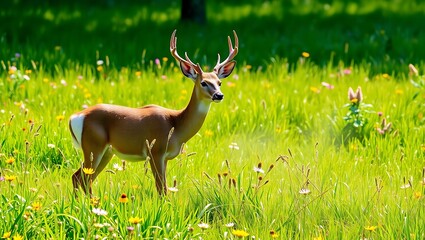 "Graceful White-Tailed Deer in a Lush Green Meadow"