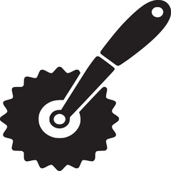 A black and white graphic of a pizza cutter with a spiky wheel and a handle on a white background
