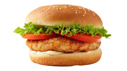 Delicious chicken burger with lettuce, tomato, and mayonnaise, isolated on a white background.