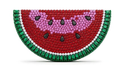 Watermelon made of various jewels isolated against a white background. Jewelry, sparkle, luxury, fruit, diamond, jewel, abstract, fashion, gemstone art, sparkling fruit, creative food, crystal, shine