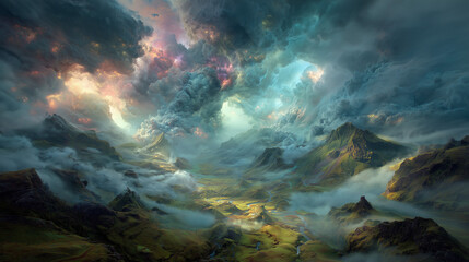 Fototapeta premium Celestial Rift Opening Above a Mythical Valley