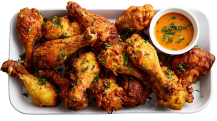 Delicious crispy fried chicken drumsticks on a platter with dipping sauce.