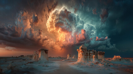 Fototapeta premium Monolithic Storm Cloud Over a Surreal Alien Badlands