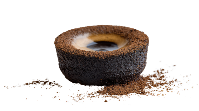 Delicious coffee cup made from ground coffee, isolated on white background.