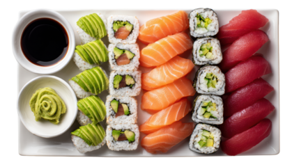 Delicious sushi platter with various rolls and fresh fish on a white plate, accompanied by wasabi and soy sauce.