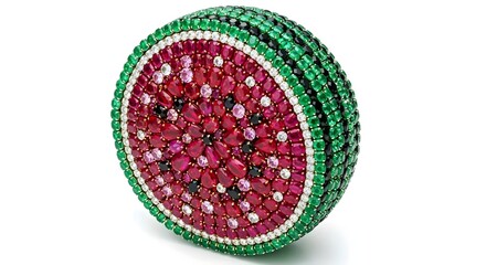 Watermelon made of various jewels isolated against a white background. Jewelry, sparkle, luxury, fruit, diamond, jewel, abstract, fashion, gemstone art, sparkling fruit, creative food, crystal, shine
